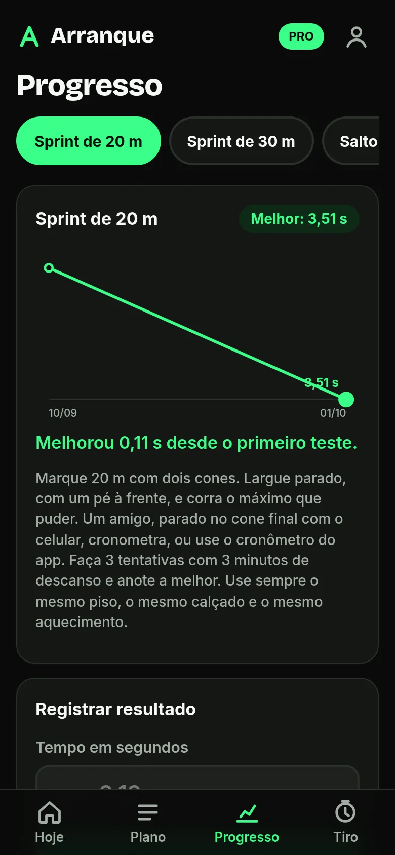 Tela Progresso com o gráfico do tempo no sprint de 20 metros